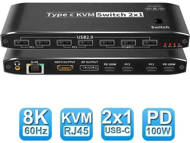 Main image of 2X1 USB-C KVM Switch Thunderbolt 4, 8K Video Output, 100W PD Charging & RJ45 Ethernet Port, 4K@144Hz for 2 PCs Share 1 Monitor