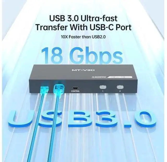 Alt view image 2 of 6 - MT-VIKI 2 Port HDMI USB 3.0 KVM Switch, 4K@60Hz 2K@144Hz, 4 USB 3.0 Ports (3 USB-A + 1 USB-C) for 2 Computers Share 1 Monitor