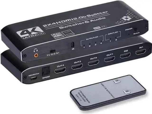 Main image of 2x4 HDMI Matrix Switch Splitter with Audio Extractor & IR Remote, HDMI 2.0b 4K@60Hz Matrix Support Optical SPDIF + 3.5mm Audio, HDCP2.2 RGB 4:4:4 HDR for 4K HDTV Monitor