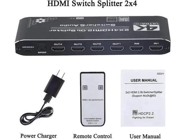 Alt view image 4 of 7 - 2x4 HDMI Matrix Switch Splitter with Audio Extractor & IR Remote, HDMI 2.0b 4K@60Hz Matrix Support Optical SPDIF + 3.5mm Audio, HDCP2.2 RGB 4:4:4 HDR for 4K HDTV Monitor