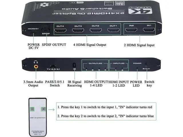 Alt view image 7 of 7 - 2x4 HDMI Matrix Switch Splitter with Audio Extractor & IR Remote, HDMI 2.0b 4K@60Hz Matrix Support Optical SPDIF + 3.5mm Audio, HDCP2.2 RGB 4:4:4 HDR for 4K HDTV Monitor