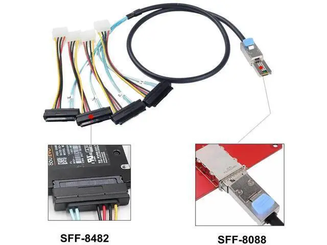 Alt view image 6 of 6 - 2 Pack SFF-8088 26Pin to 4×SFF-8482 29Pin Mini SAS Breakout Cable 1M(3.3FT), External Mini SAS Cable with Integrated Power for SAS SATA HDD SSD RAID Storage Servers