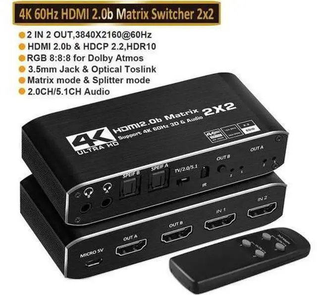 Main image of 2 in 2 Out 4K@60Hz HDMI 2.0 Matrix Switch with Downscaler & Dual Audio Extractor, 2X2 HDMI Matrix Support HDR10, HDR10+, RGB 4:4:4 HDCP2.2, 2×SPDIF Optical + 2×3.5mm L/R Audio, Dolby Atmos, IR Remote