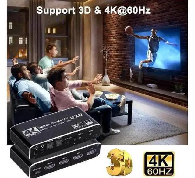 Alt view image 3 of 7 - 2 in 2 Out 4K@60Hz HDMI 2.0 Matrix Switch with Downscaler & Dual Audio Extractor, 2X2 HDMI Matrix Support HDR10, HDR10+, RGB 4:4:4 HDCP2.2, 2×SPDIF Optical + 2×3.5mm L/R Audio, Dolby Atmos, IR Remote