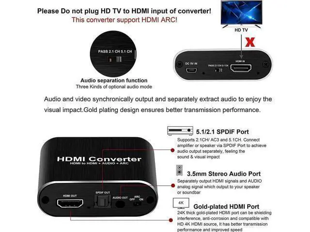 Alt view image 5 of 7 - 4K@60Hz HDMI Audio Extractor Converter, HDMI to HDMI + Optical Toslink SPDIF + 3.5mm AUX Stereo Audio Splitter, HDCP 2.2 Compliant, Supports Full HD 1080P & 3D