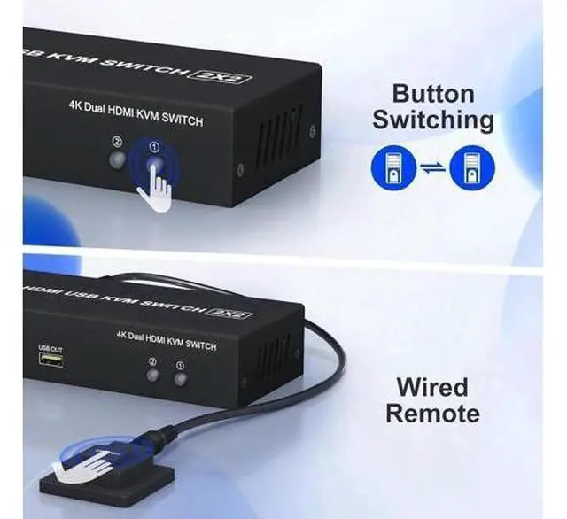 Alt view image 6 of 7 - 2 Port Dual Monitor HDMI KVM Switch 4K@60Hz, 2 Computers Share Dual Screens, Audio/Mic Jack & 3 USB Ports, Extended/Mirror Mode Supported