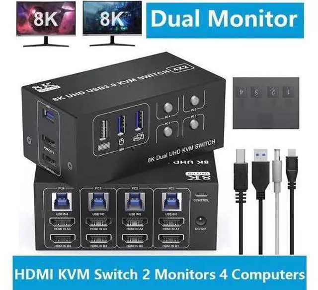 Main image of 4 Port Dual Monitor 8K HDMI KVM Switch with 3 USB 3.0 Ports, Wired Remote & Power Adapter, Mirror & Extended Display Modes, Compatible with Windows/Vista/XP/Mac OS/Linux for 4 PCs Share 2 Monitors