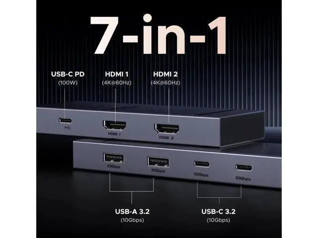 Alt view image 2 of 7 - UGREEN Revodok Pro 7-in-1 USB-C Docking Station, Dual 4K@60Hz HDMI Monitor Hub, 10Gbps USB-A & USB-C, 100W PD Charging Aluminum Dock for HP ThinkPad Dell Laptops