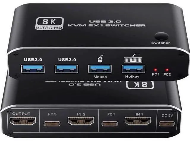 Main image of 2-Port HDMI 2.1 KVM Switch 2 In 1 Out, Support 8K@60Hz & 4K@120Hz, 4 USB3.0 Ports, Hotkey Switching for 2 PCs Sharing One Monitor, Keyboard & Mouse