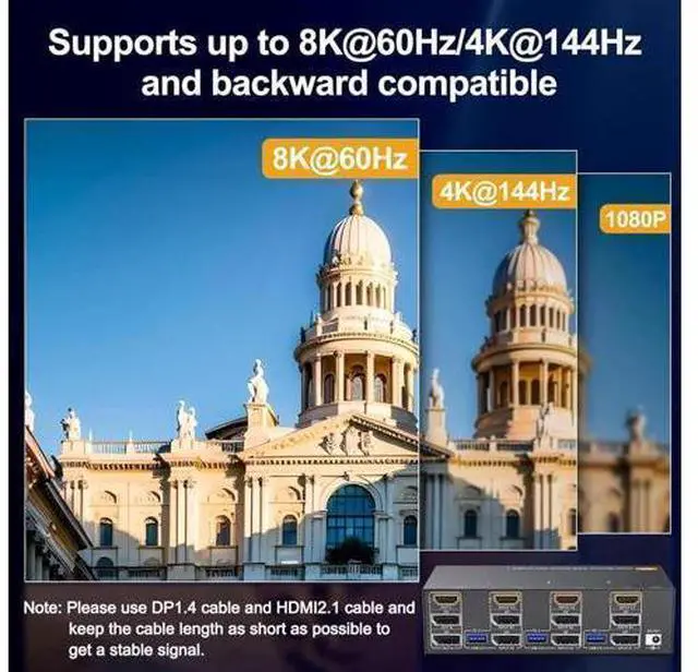 Alt view image 2 of 7 - 3 PCs Triple Monitor 2DP+HDMI Hybrid KVM Switch 8K@60Hz 4K@144Hz USB 3.0, 4 USB 3.0 Ports, Wired Remote, Power Adapter & USB3.0 Cables Included for 3 Hosts Share 3 Displays