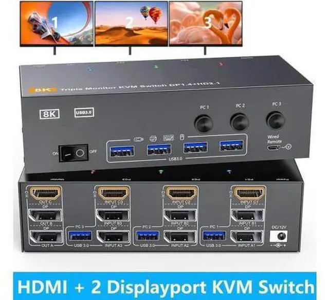 Main image of 3 PCs Triple Monitor 2DP+HDMI Hybrid KVM Switch 8K@60Hz 4K@144Hz USB 3.0, 4 USB 3.0 Ports, Wired Remote, Power Adapter & USB3.0 Cables Included for 3 Hosts Share 3 Displays