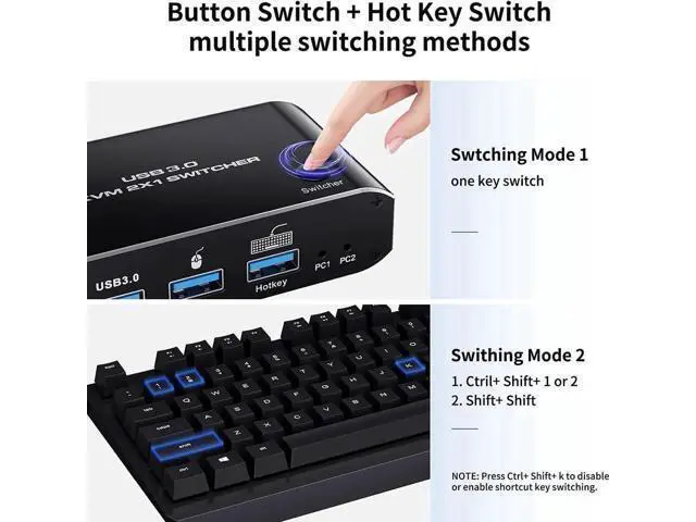 Alt view image 4 of 7 - 2-Port HDMI 2.1 KVM Switch 2 In 1 Out, Support 8K@60Hz & 4K@120Hz, 4 USB3.0 Ports, Hotkey Switching for 2 PCs Sharing One Monitor, Keyboard & Mouse