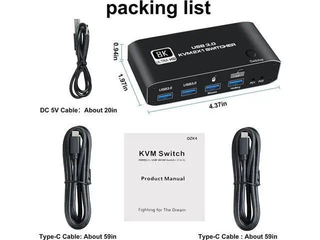 Alt view image 5 of 7 - 2-Port HDMI 2.1 KVM Switch 2 In 1 Out, Support 8K@60Hz & 4K@120Hz, 4 USB3.0 Ports, Hotkey Switching for 2 PCs Sharing One Monitor, Keyboard & Mouse