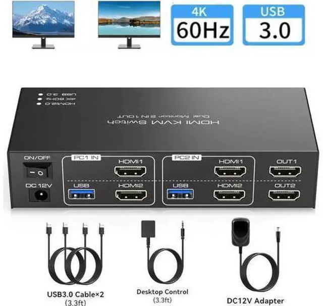 Main image of 2 Port Dual Monitor HDMI KVM Switch 4K@60Hz USB 3.0, 4 USB 3.0 Ports for 2 PCs Share 2 Displays, Keyboard, Mouse, Printer & USB Flash Drive