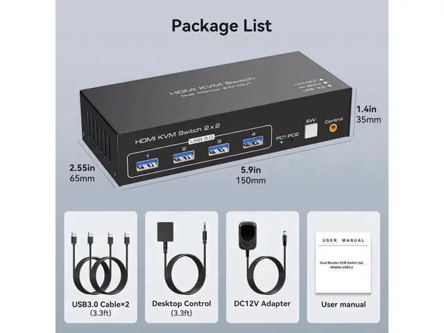 Alt view image 7 of 7 - 2 Port Dual Monitor HDMI KVM Switch 4K@60Hz USB 3.0, 4 USB 3.0 Ports for 2 PCs Share 2 Displays, Keyboard, Mouse, Printer & USB Flash Drive