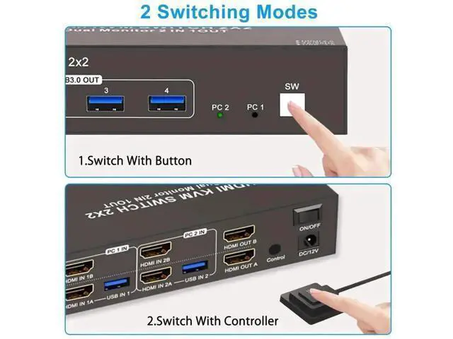 Alt view image 2 of 7 - 2 Port 2×2 Dual Monitor HDMI USB 3.0 KVM Switch 4K@60Hz, 4 USB Ports, Support Extended & Mirrored Display Modes for 2 PCs