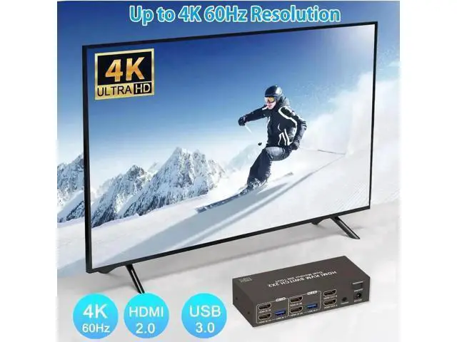 Alt view image 4 of 7 - 2 Port 2×2 Dual Monitor HDMI USB 3.0 KVM Switch 4K@60Hz, 4 USB Ports, Support Extended & Mirrored Display Modes for 2 PCs