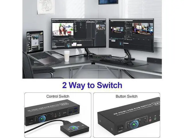 Alt view image 5 of 7 - 2 Port Dual Monitor HDMI KVM Switch 4K@60Hz USB 3.0, Cross Display Supported, with 3 USB 3.0 Ports & Audio Jack for 2 PCs Share 2 Displays
