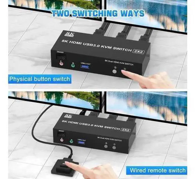 Alt view image 2 of 7 - 2 Port Dual Monitor HDMI USB3.0 KVM Switch 8K@60Hz, With Audio & Mic, 3 USB3.0 Ports for 2 PCs