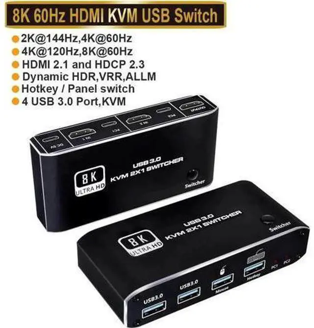 Main image of 2x1 HDMI 2.1 8K KVM Switch with 4 USB 3.0 Ports, 2 PCs Share Single Monitor, Support 8K@60Hz, 4K@120Hz, YUV 4:4:4, HDCP 2.3, HDR10 & Hotkey Switching