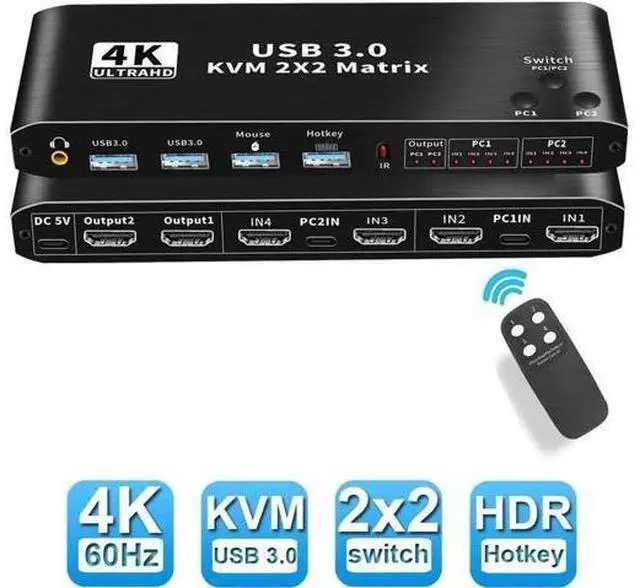 Main image of 2x2 HDMI Matrix KVM Switch 4K@60Hz RGB 4:4:4, 2 PCs Share 2 Monitors Keyboard Mouse 2 USB3.0 Ports, Audio Port, One-Touch & Hotkey Switch