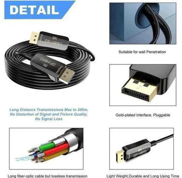 Alt view image 5 of 7 - 100FT In-Wall Optical Fiber DisplayPort 1.4 Cable, HBR3 32.4Gbps Slim Flexible DP to DP Cord Supports 8K@60Hz, 4K@144Hz for Monitor, PC, Projector