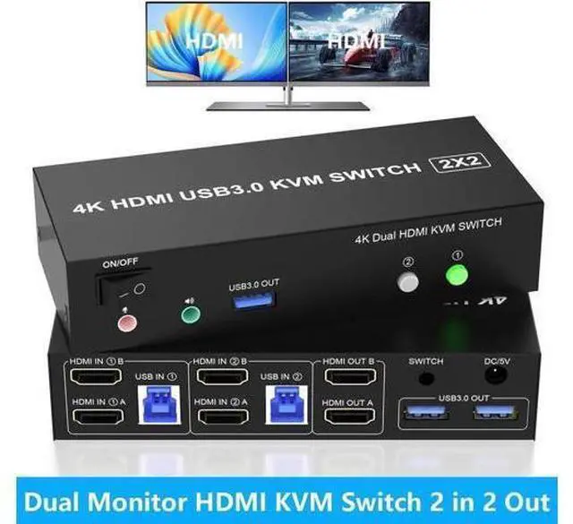 Main image of 2 Port Dual Monitor HDMI KVM Switch 4K@60Hz USB 3.0, Built-in EDID Emulator, Audio & Mic Jack, 3 USB 3.0 Ports for 2 PCs Share Dual Displays