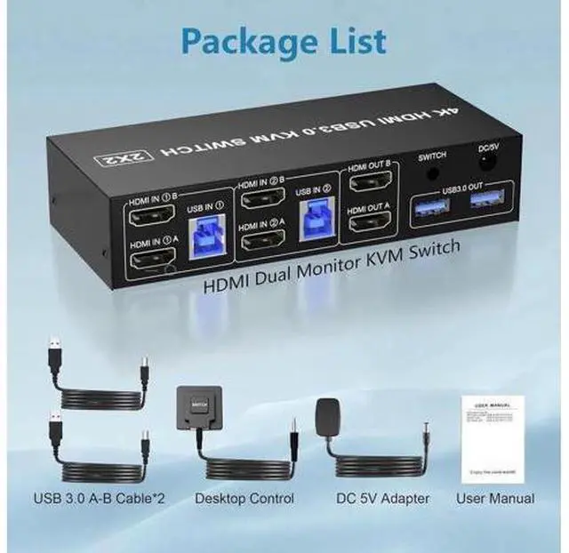 Alt view image 5 of 7 - 2 Port Dual Monitor HDMI KVM Switch 4K@60Hz USB 3.0, Built-in EDID Emulator, Audio & Mic Jack, 3 USB 3.0 Ports for 2 PCs Share Dual Displays