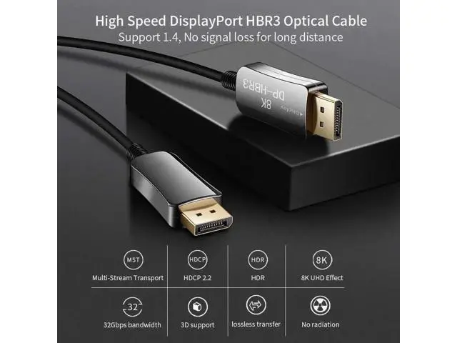 Alt view image 4 of 7 - 100FT DP 1.4 Optical Fiber Cable, 32.4Gbps DisplayPort 1.4 Cord, 8K@60Hz 4K@144Hz HDR HDCP 2.2, Compatible with NVIDIA RTX 3070 3080, ASUS Dell LG Samsung Alienware Monitor, HDTV, Projector, Gaming PC