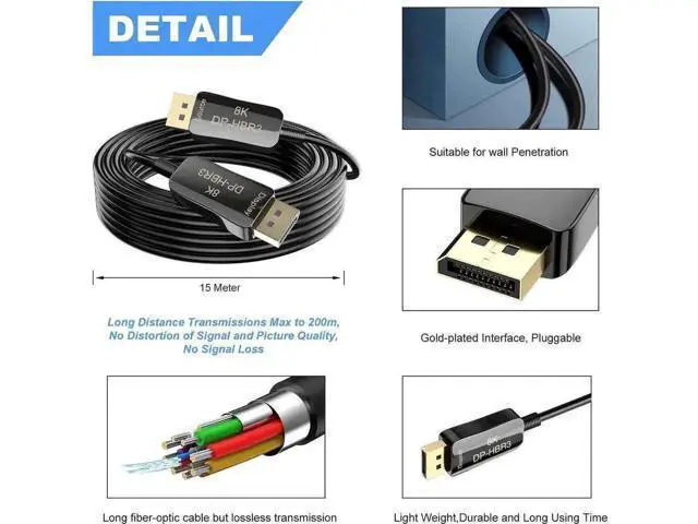 Alt view image 6 of 7 - 100FT DP 1.4 Optical Fiber Cable, 32.4Gbps DisplayPort 1.4 Cord, 8K@60Hz 4K@144Hz HDR HDCP 2.2, Compatible with NVIDIA RTX 3070 3080, ASUS Dell LG Samsung Alienware Monitor, HDTV, Projector, Gaming PC