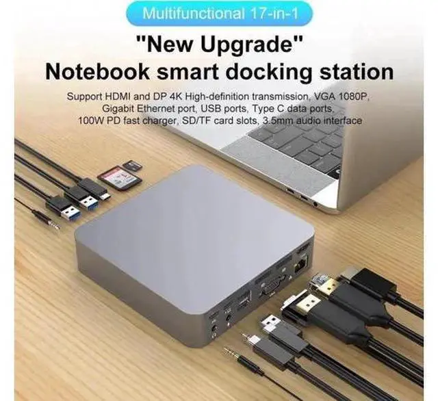 Main image of 17-in-1 USB C Triple Display Docking Station Multiport Hub Adapter, Dual DP 4K + Single HDMI 4K + VGA 1080P, Gigabit Ethernet, USB3.0 & USB2.0 Ports, 100W PD Pass-Through Charging, SD TF Card Reader,