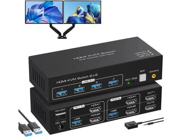 Main image of 2 Port 2-In-2-Out Dual Monitor HDMI KVM Switch 8K@60Hz 4K@120Hz USB 3.0, 4 USB 3.0 Ports for 2 PCs Share Dual Displays, Keyboard & Peripherals