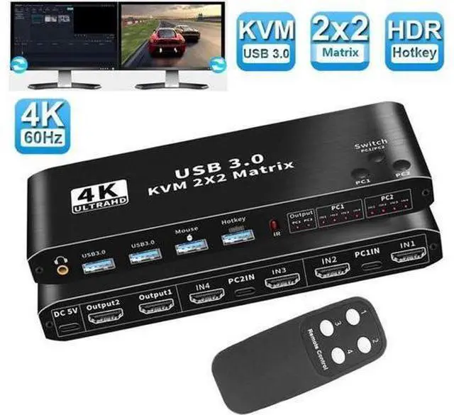 Main image of 2x2 Dual Monitor HDMI USB-C KVM Matrix Switch 2 In 2 Out, 4K@60Hz, 2 PCs Share 2 Monitors, Keyboard, Mouse & 2 USB3.0 Ports