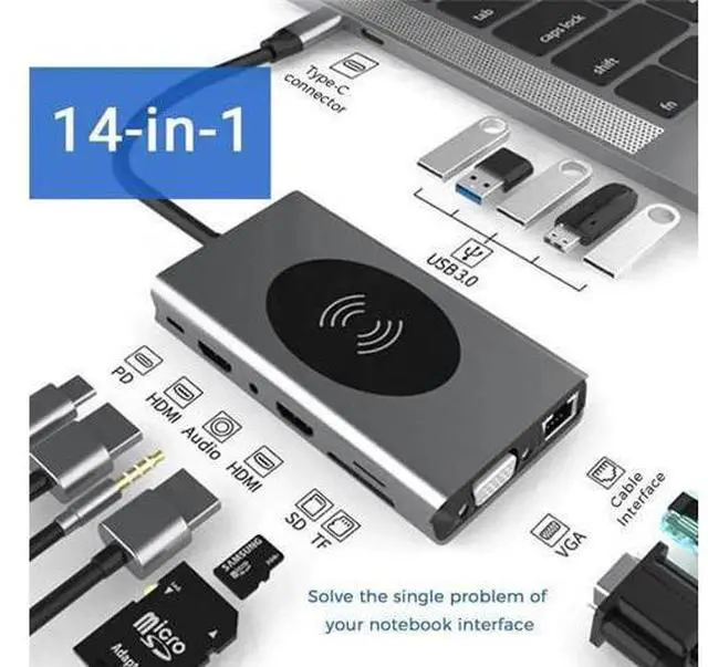 Main image of USB C Docking Station with Dual HDMI, 11-in-1 Multiport Dock VGA/5×USB3.0/Gigabit Ethernet/PD Charging/SD TF Card Reader/Audio Jack/Wireless Charger for HP Dell Laptops