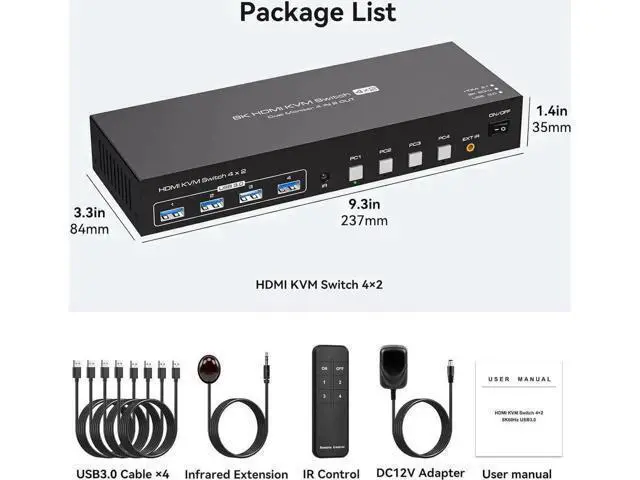 Alt view image 3 of 7 - 4-Port Dual HDMI KVM Switch 4 In 2 Out, 8K@60Hz 4K@120Hz, 4 USB3.0 Ports