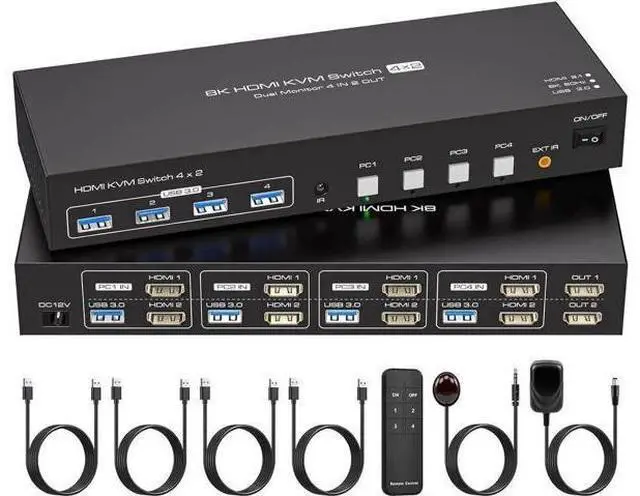 Main image of 4 Port Dual HDMI KVM Switch, 8K@60Hz 4K@120Hz USB3.0 KVM Switcher with Remote & Power Adapter for 4 PCs Share 2 Monitors & 4 USB 3.0 Devices, Support Mirror & Extend Display