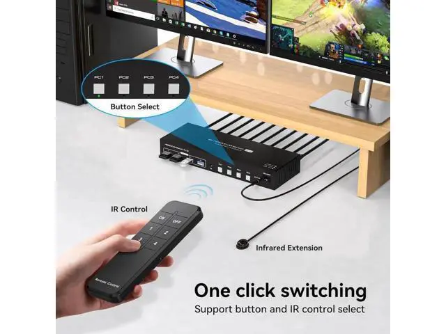 Alt view image 5 of 7 - 4 Port Dual HDMI KVM Switch, 8K@60Hz 4K@120Hz USB3.0 KVM Switcher with Remote & Power Adapter for 4 PCs Share 2 Monitors & 4 USB 3.0 Devices, Support Mirror & Extend Display