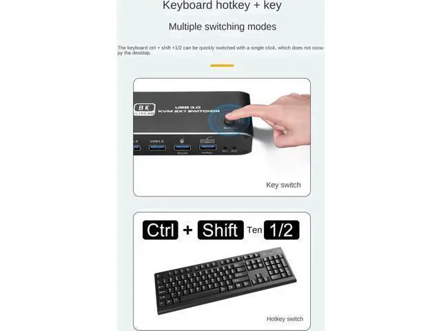 Alt view image 3 of 7 - 2x1 HDMI2.1 8K KVM Switch, 4 USB3.0 Ports, 2 PCs Share 1 Monitor, Support 8K@60Hz,4K@120Hz,YUV4:4:4,HDCP2.3,HDR10,Keyboard Hotkey, Dark Metal Housing