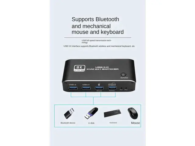 Alt view image 6 of 7 - 2x1 HDMI2.1 8K KVM Switch, 4 USB3.0 Ports, 2 PCs Share 1 Monitor, Support 8K@60Hz,4K@120Hz,YUV4:4:4,HDCP2.3,HDR10,Keyboard Hotkey, Dark Metal Housing