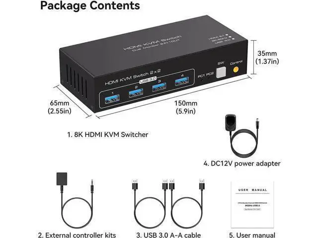 Alt view image 6 of 7 - 2-Port Dual HDMI KVM Switch, 8K@60Hz 4K@120Hz, 4 USB3.0 Ports, Desktop Controller