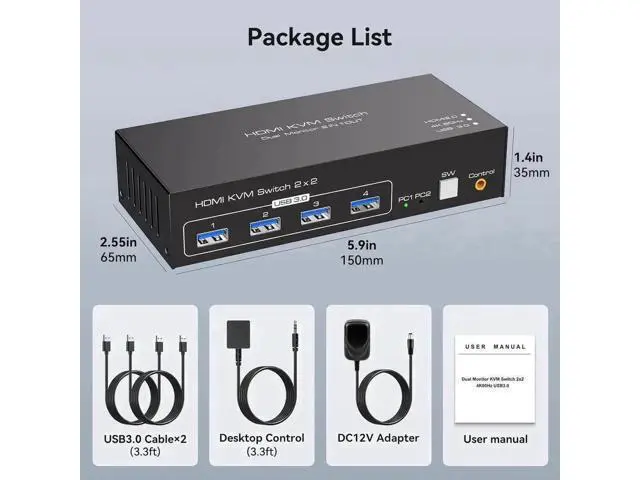 Alt view image 3 of 7 - 2-Port Dual Monitor HDMI USB 3.0 KVM Switch 4K@60Hz, 2 PCs Share 2 Monitors & 4 USB3.0 Ports