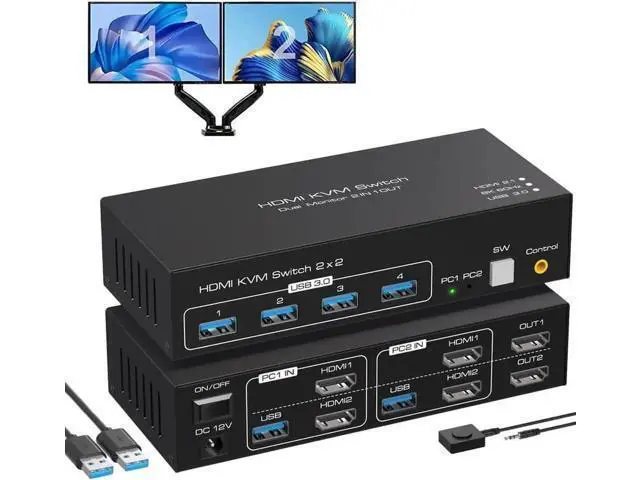 Main image of 2-Port Dual HDMI KVM Switch 2 In 2 Out, 8K@60Hz 4K@120Hz, 4 USB3.0 Ports