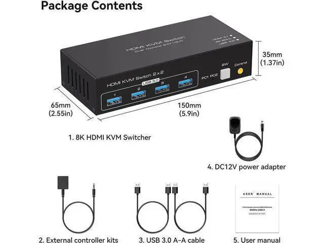 Alt view image 2 of 7 - 2-Port Dual HDMI KVM Switch 2 In 2 Out, 8K@60Hz 4K@120Hz, 4 USB3.0 Ports
