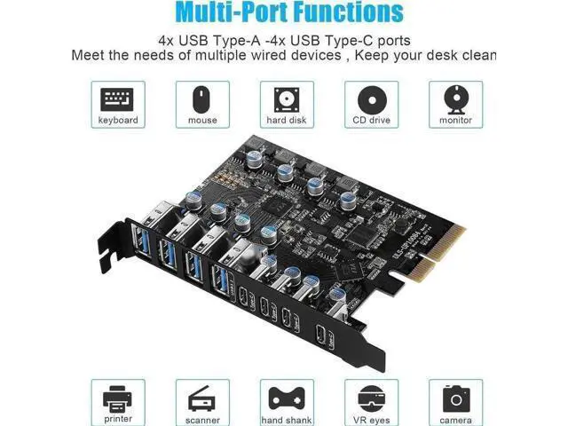 Alt view image 4 of 7 - 8-Port USB 3.2 Gen2 PCI Express Expansion Card, 10Gbps SuperSpeed PCIe Hub Adapter with 4 USB-A & 4 USB-C Ports, Built-in Self-Powered Circuit, Compatible with Windows 11/10/8.x/7/Vista/XP Desktop PC