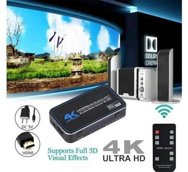Alt view image 5 of 7 - OZQ4 4 in 1 Out HDMI 2.0 Switch with Audio Extractor 4K@60Hz 18Gbps Optical & 3.5mm Stereo Audio Output HD Video Switcher for PS5 PS4 Xbox HDTV Monitor Projector