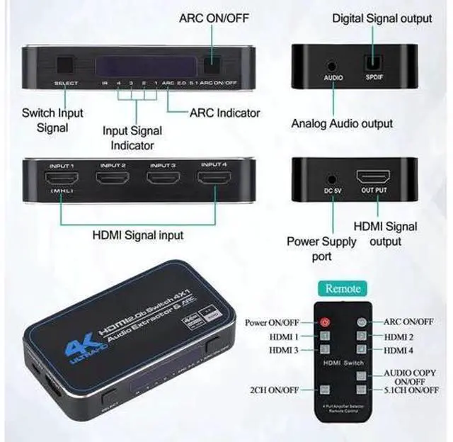 Alt view image 6 of 7 - OZQ4 4 in 1 Out HDMI 2.0 Switch with Audio Extractor 4K@60Hz 18Gbps Optical & 3.5mm Stereo Audio Output HD Video Switcher for PS5 PS4 Xbox HDTV Monitor Projector