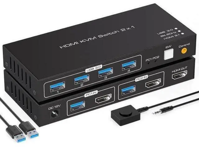 Main image of 2-Port HDMI 2.1 KVM Switch, Support 8K@60Hz & 4K@120Hz, 4-Port USB 3.0 Hub, 2 PCs Share One Monitor, External Desktop Controller & 2 USB Cables Included
