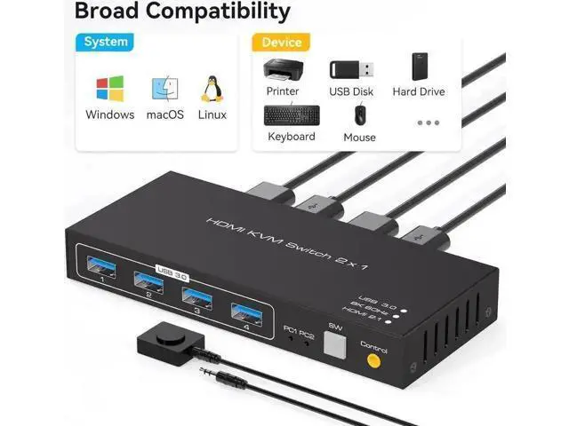 Alt view image 5 of 7 - 2-Port HDMI 2.1 KVM Switch, Support 8K@60Hz & 4K@120Hz, 4-Port USB 3.0 Hub, 2 PCs Share One Monitor, External Desktop Controller & 2 USB Cables Included