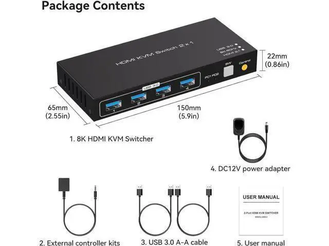 Alt view image 3 of 7 - 2-Port HDMI 2.1 KVM Switch, Support 8K@60Hz & 4K@120Hz, 4-Port USB 3.0 Hub, 2 PCs Share One Monitor, External Desktop Controller & 2 USB Cables Included