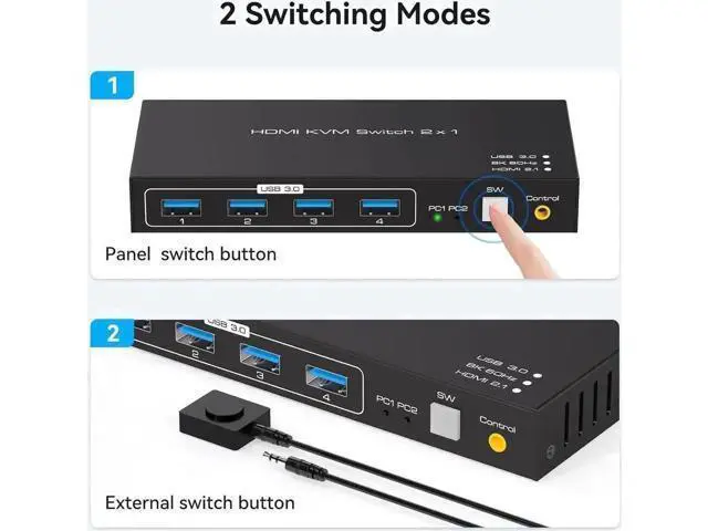 Alt view image 4 of 7 - 2-Port HDMI 2.1 KVM Switch, Support 8K@60Hz & 4K@120Hz, 4-Port USB 3.0 Hub, 2 PCs Share One Monitor, External Desktop Controller & 2 USB Cables Included